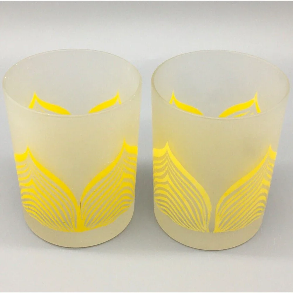 Vintage Georges Briard Low Ball Old Fashion Glasses MCM Pair Frost Clear Yellow